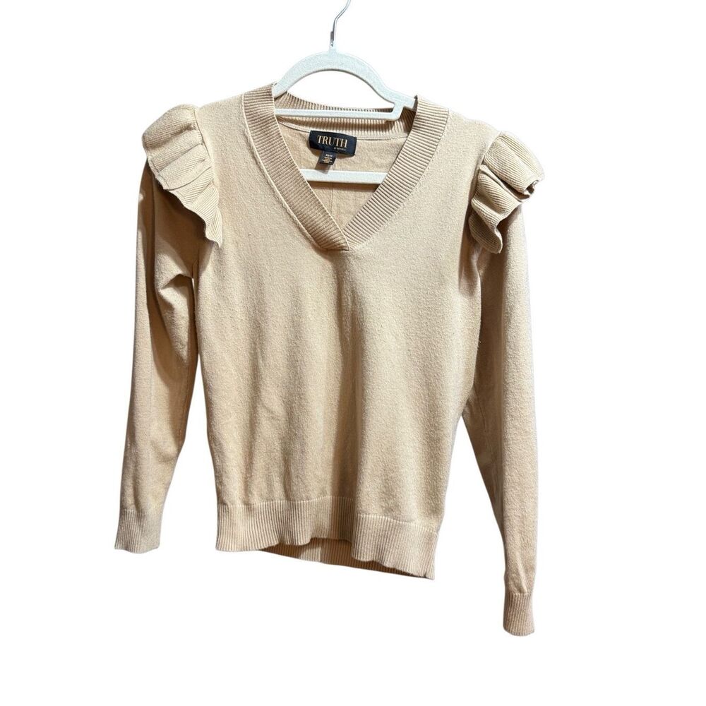 Truth by Republic Women Ruffle Shoulder Knit Sweater Dark Tan V-Neck Size XS